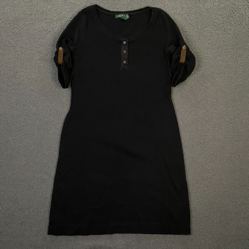 Lauren Ralph Lauren Dress size Medium Black Henley T-Shirt Roll Tab Short Sleeve